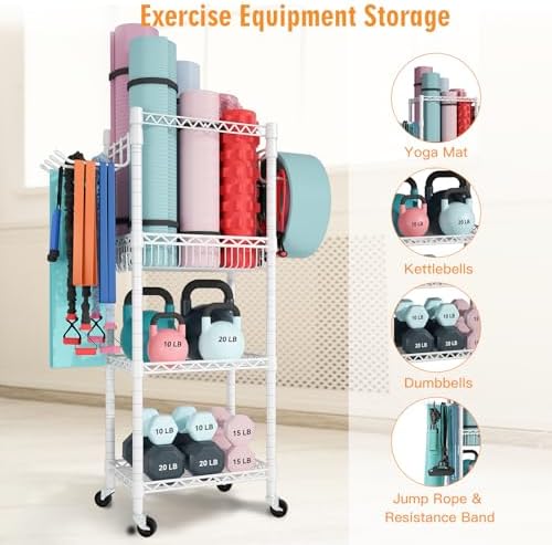 FUTASSI Home Gym Storage, 3 Tiers Workout Equipment Organizer with Wheels for Yoga Mats, Foam Roller, Dumbbells, Kettlebells, and Resistance Bands - Image 3