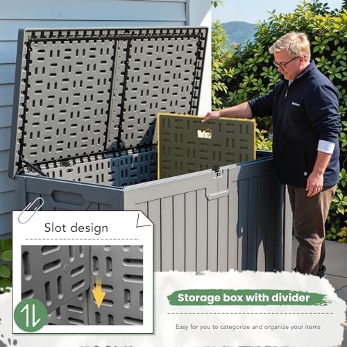 Greesum 230 Gallon HDPE Outdoor Storage Box with Removable Dividers, Weatherproof Oversized Deck Box for Patio, Garage, Garden, Gray - Image 4