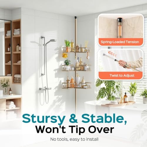 HAMITOR No-Drill Shower Rack, 4-Tier Corner Rustproof Tension Pole, Khaki - Image 4