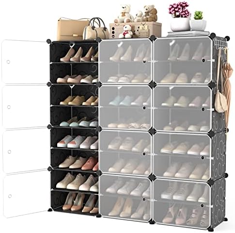 Portable Shoe Rack Organizer with Door, 48 Pairs Shoe Storage Cabinet Easy Assembly, Plastic Adjustable Shoe Organizer Stackable Detachable Free Standing Shoe Rack DIY Expandable 8 Tier Black by WEXCISEforTidyingHouse
