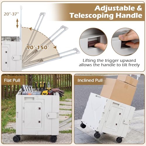 Goplus Foldable Utility Cart, Portable Rolling Crate Handcart with 4 Rotate Wheels, Telescoping Handle, Lid & Cup Holder for Travel, Shopping, Luggage, Grocery, Office & Teacher (White) - Image 4