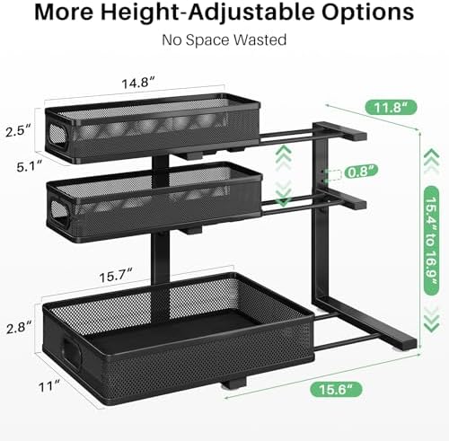 Kitstorack Under Sink Organizer, 2-Pack 3-Tier Height Adjustable Thickened Metal Pull out Cabinet Organizer Shelf, Slide out Storage Drawer Rack for Bathroom Kitchen Pantry Home Laundry Organization - Image 3