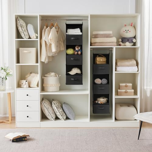 MAX Houser 6 Tier Foldable Hanging Closet Organizer with Hooks, Black-D3 | foldable lightweight fabric closet storage with 3 Drawers, space-saving design for Bedroom, Closet Hanging Shelf for Storage - Image 4