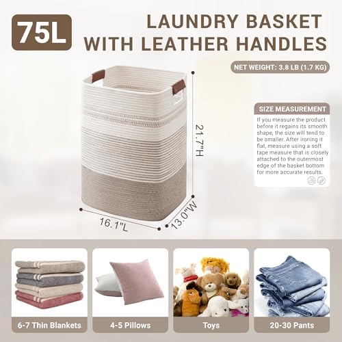 75L Tall Woven Laundry Basket Hamper with Leather Handles,Brown​ - Image 2