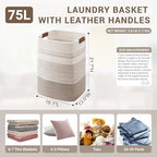 75L Tall Woven Laundry Basket Hamper with Leather Handles,Brown​ - Image 2