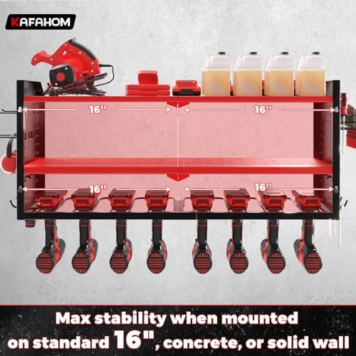 KAFAHOM Power Tool Organizer with Charging Station, Built in 8 Outlet Power Strip, Large 8 Drill Holder Wall Mount, Heavy Duty Metal Power Tool Storage Rack Tool Shelf for Garage Organization Red - Image 4