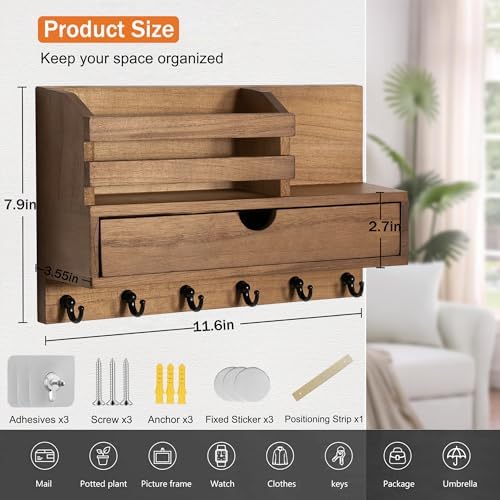dreampossible Key and Mail Holder for Wall, Mail Organizer Wall Mount with 6 Hooks and Storage Drawer, Wooden Key Rack Hanger with Shelf for Entryway and Home Decor - Image 6