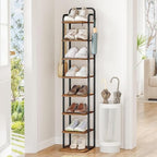 Hzuaneri 8 Tiers Vertical Shoe Rack, Narrow Shoe Tower, Tall Shoes Shelf with 2 Hooks, Adjustable Shelves, Corner Shoes Shelves for Small Spaces, Entryway, Living Room, Rustic Brown SR04301B by Hzuaneri