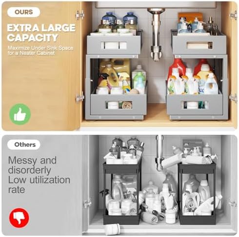 1 Pack 17IN Depth Under Sink Organizer, 2-Tier Pull Out Cabinet Organizer With Smooth Circular Rail, Large Capacity Metal Mesh Sliding Drawers For Bathroom& Kitchen Storage,Height Adjustable-Gun Gray - Image 4