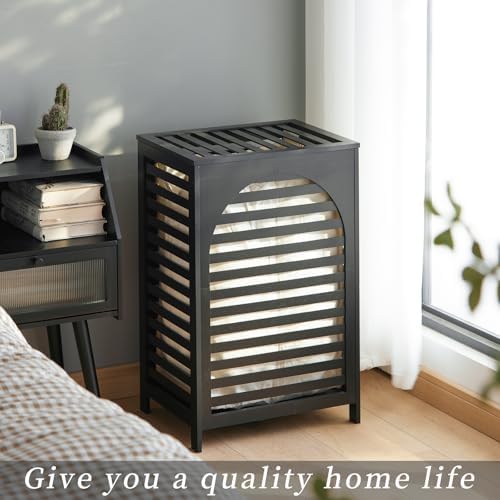 Laundry Hamper with Lid,Bamboo Large Waterproof Clothes Laundry Basket,Removable Washing Bags with Handles,clothes basket (Black) - Image 2