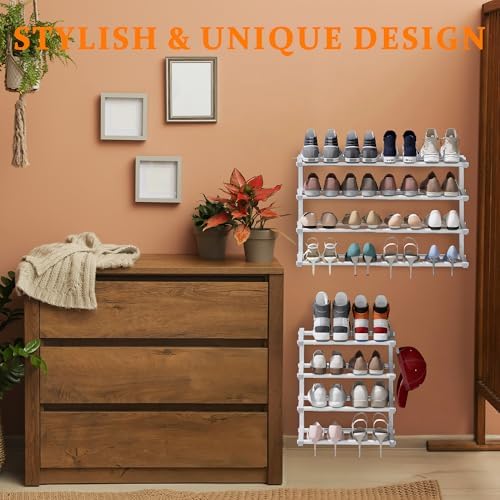 2 Pack Wall Mounted Shoe Rack, 4 Tier Hanging Shoe Rack Holds 32 Pairs, 17"-30" Adjustable Heavy Duty Wall Shoe Shelf with 4 Storage Hooks, Space Saving for Closet Entryway, White - Image 5