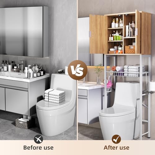 Kalrin Over The Toilet Storage Cabinet with Fluted Wave Doors and Adjustable Shelf, Wood Over Toilet Storage Rack with Drain Basket, Freestanding Bathroom Organizer for Balcony Laundry, Wood & White - Image 3