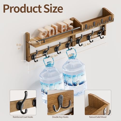 29 inch Coat Rack Wall Mount with Shelf, Entryway Wall Shelf with Hooks, Heavy Duty Coat Hanger Wall Mount with Key Holders and Mail Organizer for Living Room, Bedroom, Brown - Image 7