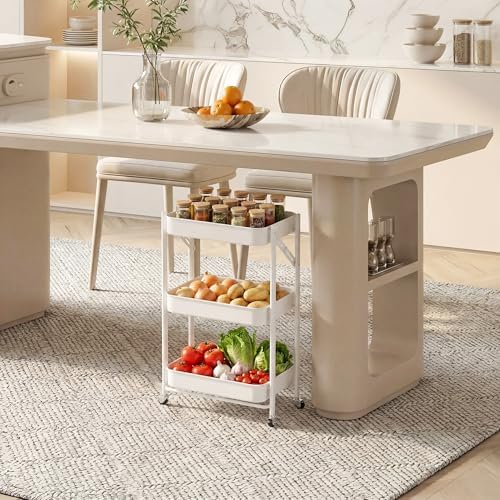 JAQ Foldable Rolling Cart with Wheels, No Assembly Required 3-Tier Small Utility Cart, 26.8" Low Profile Under Desk Storage Cart, 10" Wide Narrow Organizer for Office and Kitchen, White - Image 5