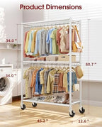 Sakugi Clothes Rack - Double Hanging Rod Clothing Rack with Wheels & Leveling Feet, Large Capacity Wardrobe Closet with Shelves for Bedroom, Laundry Room, Entryway, 45.2" x 12.6" x 80.7", White - Image 2