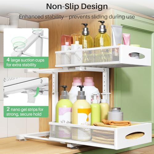 Under Sink Organizer, 2 Pack 2 Tier Pull out Cabinet Organizer Baskets with Mesh Sliding Drawers, Slide out Sink Storage Shelves for Kitchen, Bathroom, Pantry, Cabinet Organizers and Storage(White) - Image 6