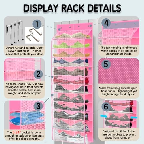 Kotkn Over The Door Shoe Organizer with 12 Large Breathable Pockets - Durable Hanging Storage for the Entire Family's Shoes (Pink) - Image 3