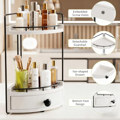 2-Tier Corner Bathroom Countertop Organizer with Drawer - Image 3