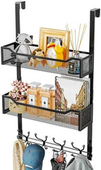 SWTYMIKI Over The Door Hooks Organizer - Multi-Functional Door Hanger with 16 Hooks & 2 Mesh Baskets, Long Coat Rack for Bathroom, Bedroom, Living Room, Home Storage Organizer, Black by SwtyMiki-TidyHomeSweetLife