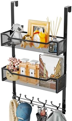 SWTYMIKI Over The Door Hooks Organizer - Multi-Functional Door Hanger with 16 Hooks & 2 Mesh Baskets, Long Coat Rack for Bathroom, Bedroom, Living Room, Home Storage Organizer, Black by SwtyMiki-TidyHomeSweetLife