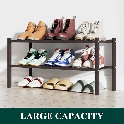 Smiry Bamboo Shoe Rack, 12 Vertical Slats, 2 Tier - 26.8" Wide, Brown - Image 5