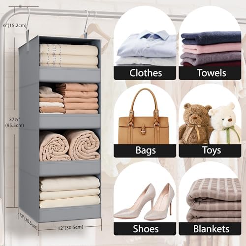 GRANNY SAYS 4-Shelf Hanging Organizer, Closet Hanging Shelves, Closet Hanging Storage Organizers, Organization for Bedroom, Living Room, Baby Nursery, Camper Accessories, Gray, 1-Pack | 44 lb Capacity, No-Sag Support, Keeps Clothes Neat, Folds Flat, Fi... - Image 3