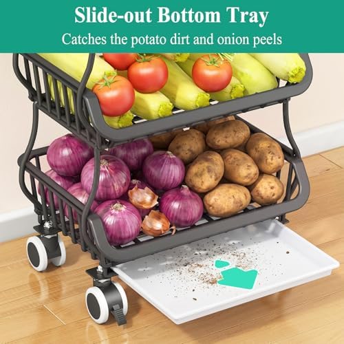 SAYZH 4-Tier Fruit and Vegetable Basket Stand for Kitchen, Wood Top, Black - Image 3