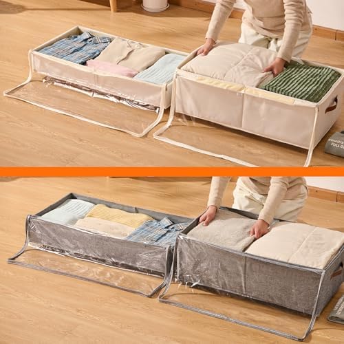 60L Large Under Bed Storage with Wheels Pack of 2, Underbed Shoe Container Bin with Clear Lid Cover, 10.5 Inches Rolling Under Bed Drawer Storage Bag Basket for Boots Quilt Sweater - Grey - Image 6