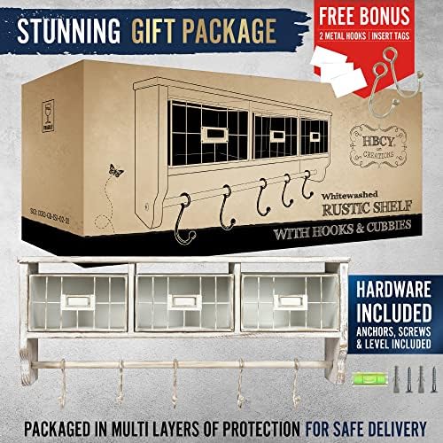 HBCY Creations Wall Mounted Shelf with Coat Hooks and Baskets, Solid Wood Entryway Organizer Wall Shelf with Hooks - Hang Coats, Keys or Coffee Mugs, Rustic Whitewashed 24" Wide - Image 6