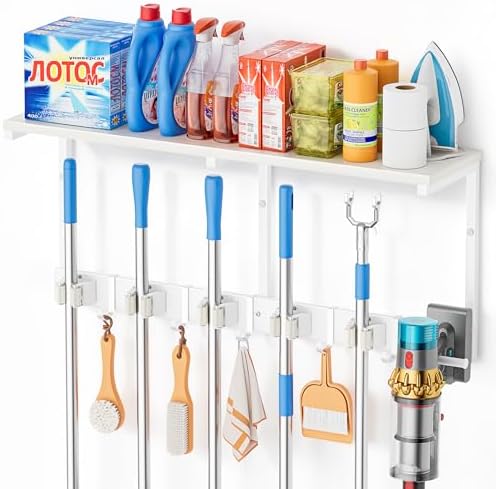 Broom Holder Wall Mount with Cleaning Supplies Organizer, Laundry Room Organization and Storage Shelf with Mop Hanger Rack Gripper Hooks, Utility Shelf Closet Organizer Floating Shelves for Garage by Olakee