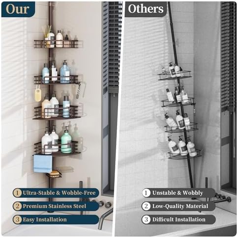 Consumest Corner Shower Caddy Tension Pole - Rustproof Shower Shelves with Towel Bar & Soap Holder, Adjustable Bath Organizer for Bathroom Storage, 27.6-108.3 inch, Bronze - Image 2
