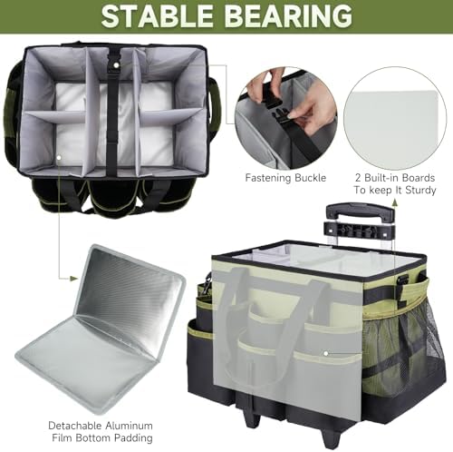 Large Rolling Cleaning Caddy Bag with Detachable Trolley,Cleaning Cart on Wheels with Shoulder Strap,Cleaning Supplies Organizer for Housekeepers,Green - Image 2