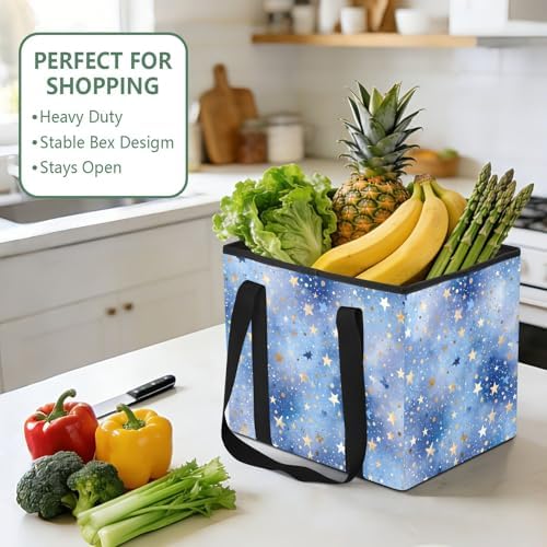 Trunk Organizer Collapsible Car Organizer with Handle Car Storage Box Bin for Groceries SUV Utility Tote Bag Portable Vehicle Container Blue Star Dot Gold Sky - Image 5