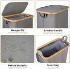 iEGrow 65L Slim Laundry Hamper, Narrow Laundry Basket with Lid,Foldable Clothes Hamper with Bamboo Handles,Hamper Basket with Removable Inner Bag for Laundry Room Bedroom College Dorm,17.17 Gals Grey - Image 3