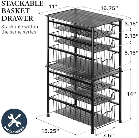 Simple Houseware Stackable 3 Tier Sliding Basket Organizer Drawer, Black - Image 2