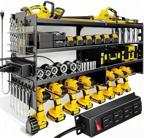 Heavy Duty Power Tool Organizer Wall Mount with Charging Station with 4 Power Strip, 4 Layer Tool Storage Rack with 8 Drill Holder, 700 lbs load capacity by Unknown