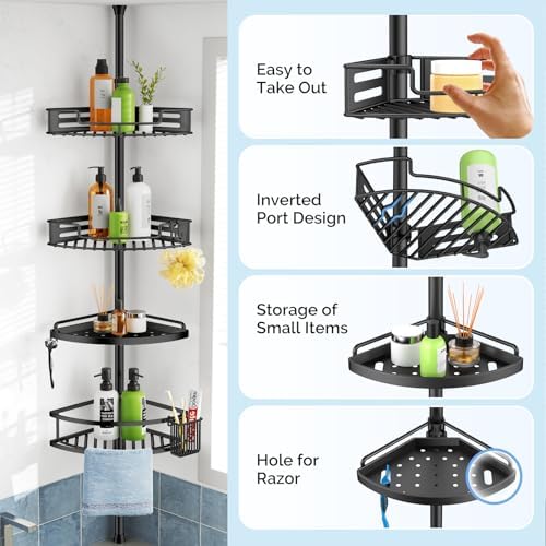 HAMITOR Corner Shower Caddy Tension Pole, 4 Tier Rustproof Organizer- Black - Image 5