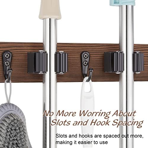 OUTNILI Mop Broom Holder Wall Mount with 3 Slots & 4 Hooks - Wood Broom Mop Hanger for Pantry Kitchen Organization - Garden Tool Organizer for Closet Laundry Room - for Rustic Farmhouse Kitchen Decor - Image 5