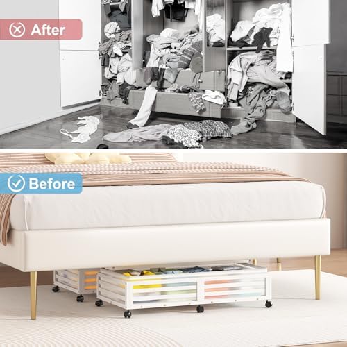 Under Bed Storage with Wheels-Large Bamboo Underbed storage Containers with Large Dust Bag Stackable Under the Bed Shoe Storage Bins for Clothes Books Bedding (2 Packs White, 33.07"L×16.54"W× 6.5"H) - Image 6