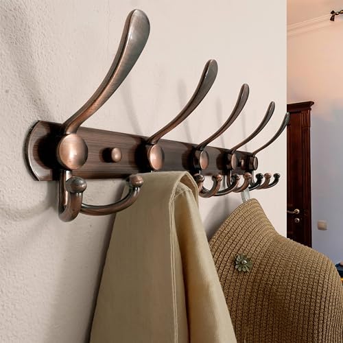Dseap Wall Mounted Coat Rack - 5 Tri Hooks, Heavy Duty, Stainless Steel, Metal Coat Hook Rail for Coat Hat Towel Purse Robes Mudroom Bathroom Entryway (Antique Copper, 2 Packs) - Image 3