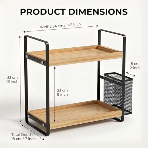 LEMIKKLE 2-Tier Wood Bathroom Counter Organizer with Basket,Waterproof Vanity Perfume Skincare Storage for Bathroom, Kitchen, Dresser - Image 2