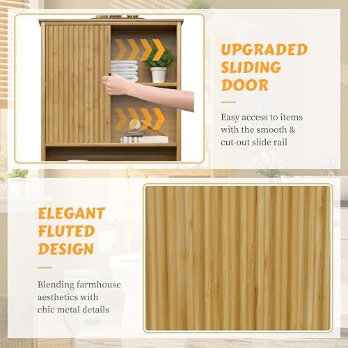 Yardenaler Over The Toilet Storage Cabinet with Fluted Doors, Bathroom Over Toilet Rack with Adjustable Shelf Bamboo FreeStanding Space-Saving Storage Organizer, Natural - Image 3