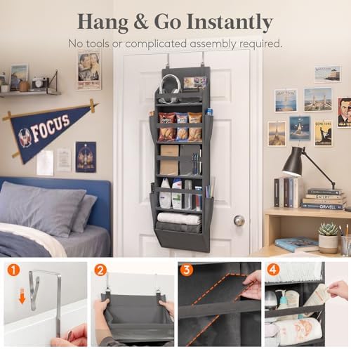 Lifewit 1 Pack Over the Door Organizer, 5 Section Clear Window Hanging Storage with 4 Side Pockets, Sturdy Anti Tilt 40 lbs Load Behind Door for Closet, Bedroom, Bathroom, Nursery, Dorm, Dark Gray - Image 5