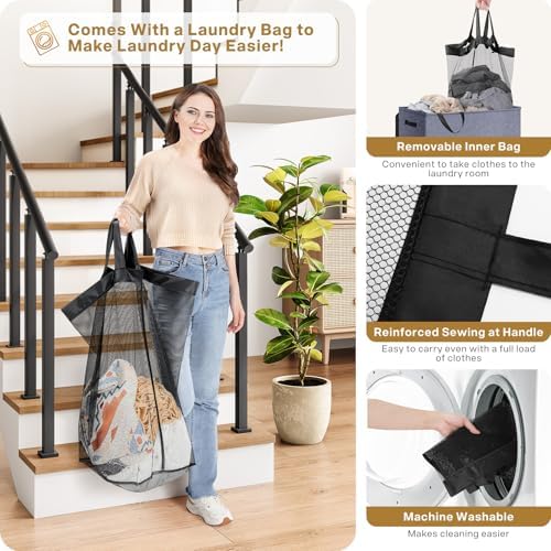 SOLEDI Large Double Laundry Hamper with Lid, Collapsible Clothes Hamper 2 section with Removable Bags, Space-Saving Laundry Basket for Bedroom, Dorm, College - Image 3