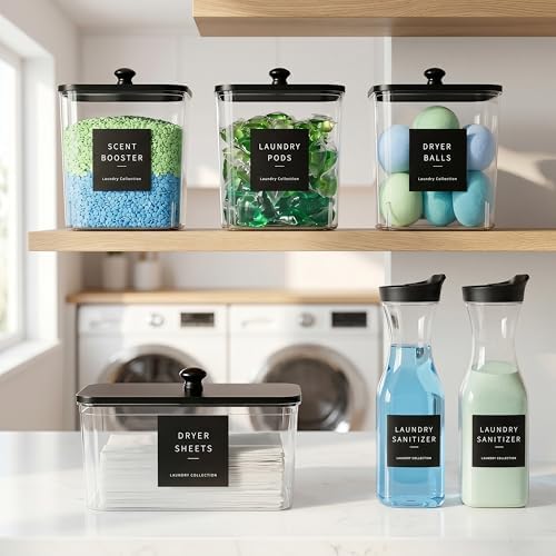 4+2 Pack Laundry Pods Containers & Dryer Sheet Holder & Laundry Detergent Dispenser, Laundry Room Organization and Storage Jars with Lids, Labels and Scoops for Scent Booster, Powder, Pods - Image 2