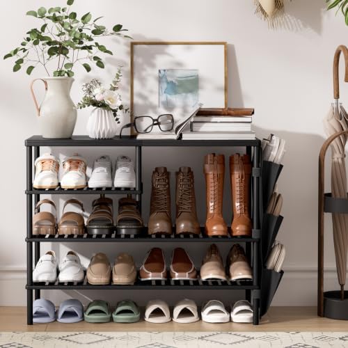 Bamboo Shoe Rack, 4 Tiers Shoe Organizer for Closet, Shoes Storage for 20-24 Pairs, Freestanding Shoe Shelf with Removable Pocket for Entryway Bedroom Front Door Dorm, Black by CozyBath