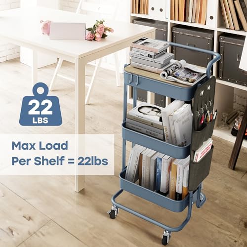 DTK 3-Tier Rolling Cart with Table Top, Metal Utility Cart with Side Bags - Image 3