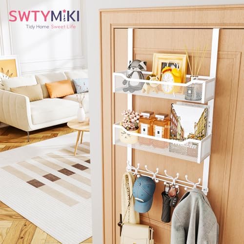 SWTYMIKI Over The Door Hook with 16 Hooks & 2 Mesh Baskets - Heavy Duty Over The Door Organizer Hanger for Towels, Coats, Clothes - Space Saving Hanging Rack for Bathroom, Living Room, White - Image 3