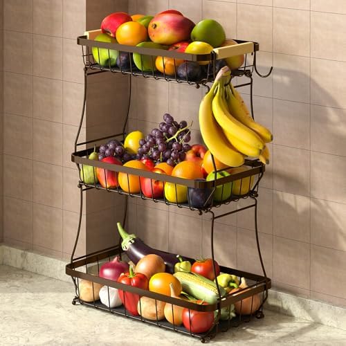 Sevenblue 3-Tier Fruit Basket with Banana Hangers, Detachable Metal Bowl by Sevenblue