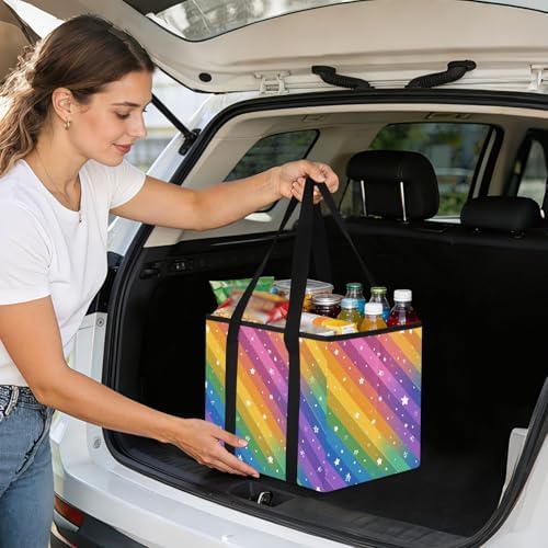 Trunk Organizer Collapsible Car Organizer with Handle Car Storage Box Bin for Groceries SUV Utility Tote Bag Portable Vehicle Container Stars and Vibrant Rainbow Stripes - Image 7